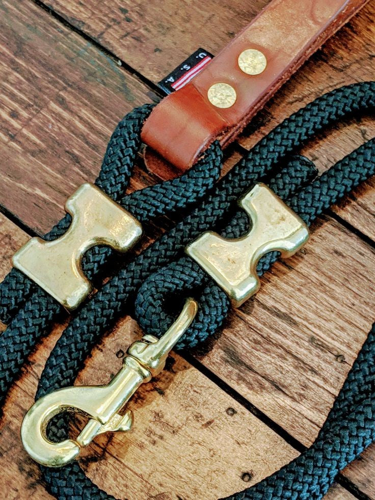 Handmade climbing rope dog leash with leather handle and brass hardware